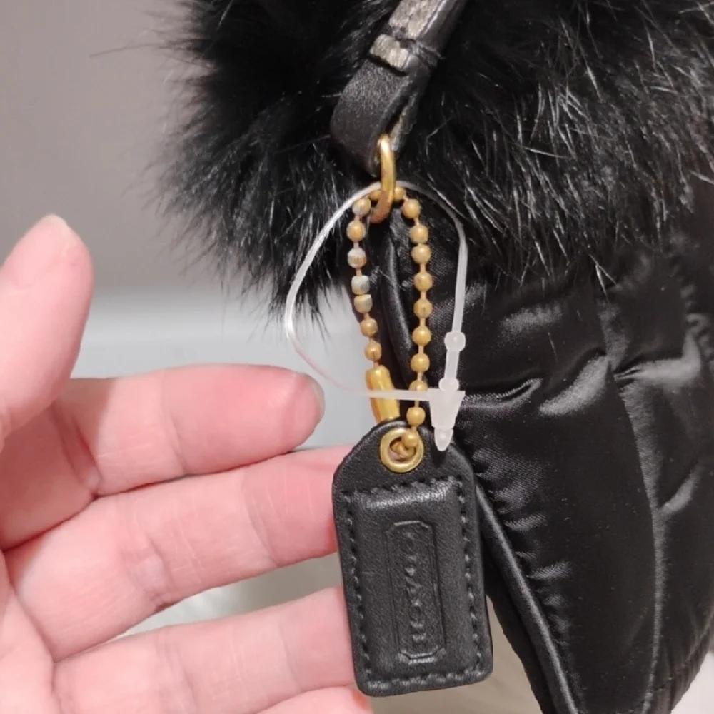 Coach Y2K Black Shoulder Bag W Rabbit Fur Trim & Matching Wallet/Wristlet Bundle